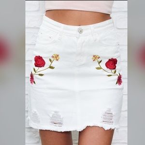Floral White Denim Skirt